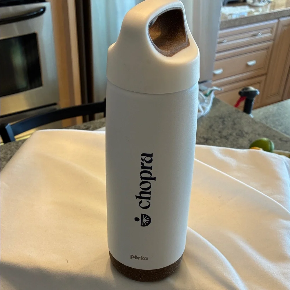 Perka White Water Bottle Recycled Cork Bottom and Top Chopra On Side Thermal
